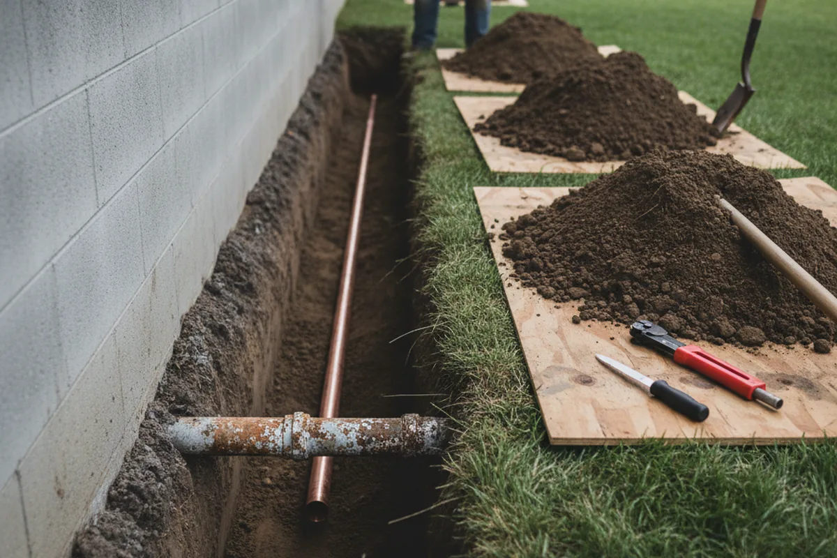 Excavated water line trench during Water Softener Installation in Bock
